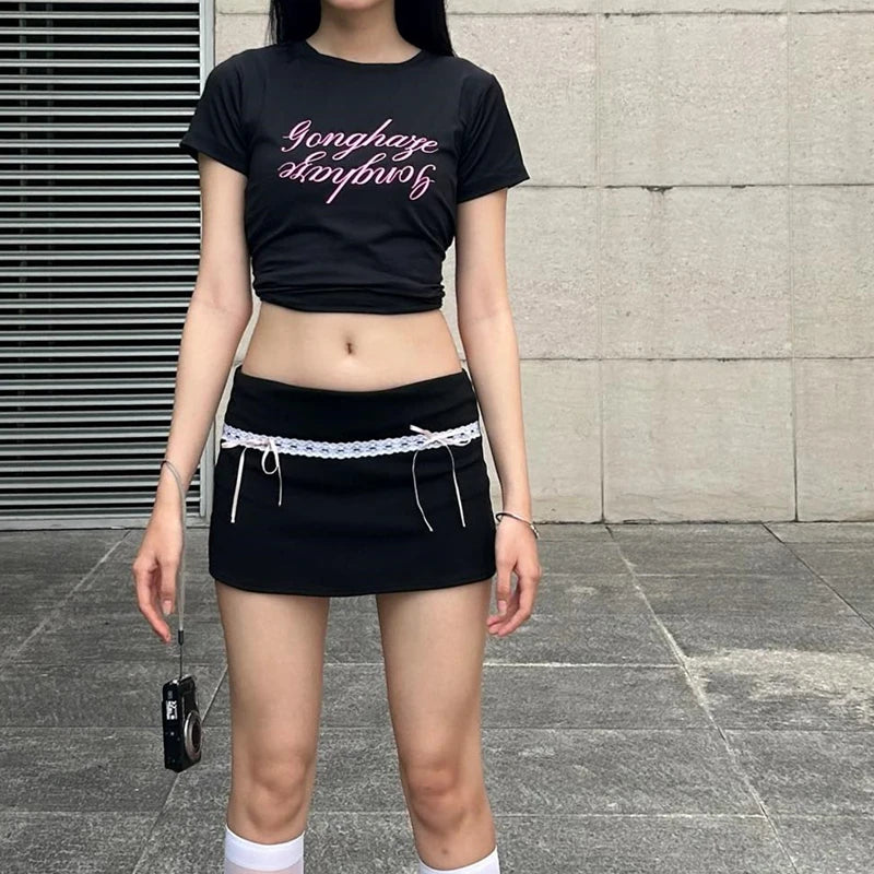 Candyhot Y2K Bow Lace Up High-waist Hip Skirts Chic Lace Stitch Black Skirt Summer Streetwear Vacation Bodycon Short Dresses