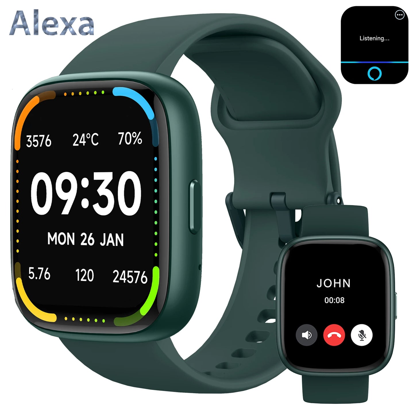Alexa Smart watch, wireless calling /dial, calling reminder and rejection, SMS reminder, Custom Wallpaper,for iPhone/Andriod