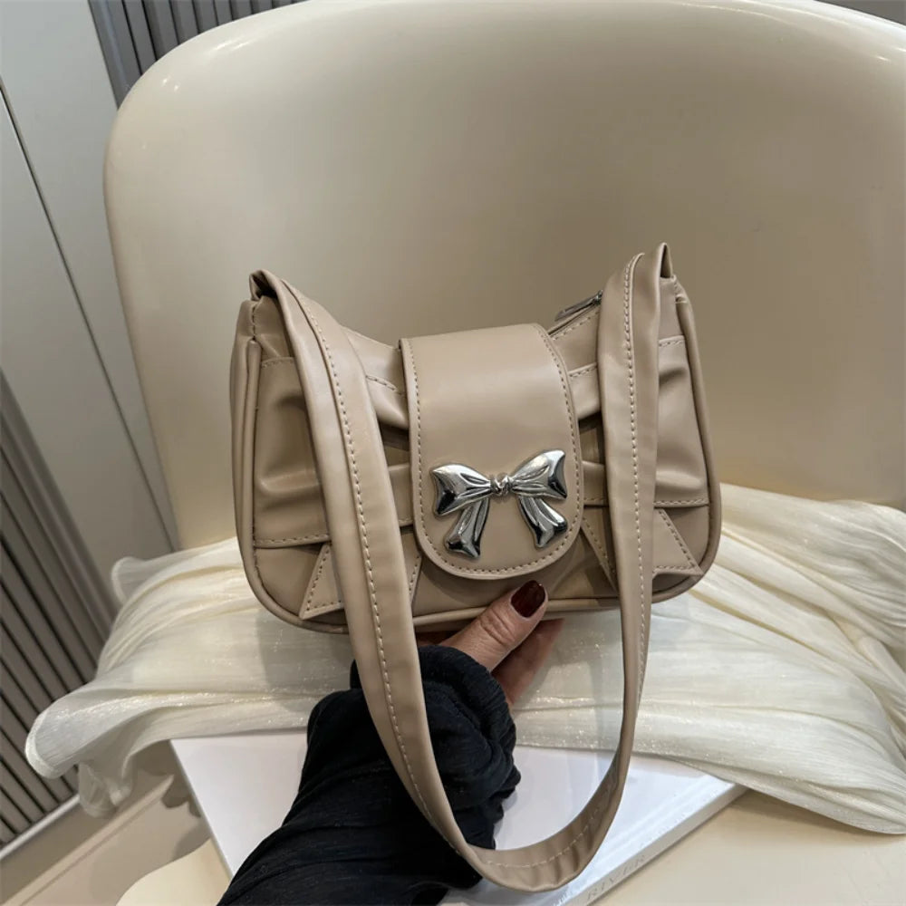 Korean Bow Pleated Shoulder Bag For Women 2024 Spring Summer New Armpit Bag Handbag
