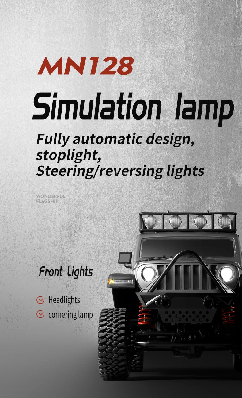 RC Crawler 4x4 Car MN128 2.4G Climbing Buggy Professional with LED Light Full Scale Remote Control Cars Toys for Boys Gift