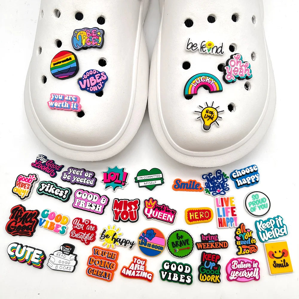 1Pcs Funny Phrase Letters PVC Shoe Accessories Good Vibes Sandals Decorations For Shoe Charms Clogs Buckle Unisex Gifts