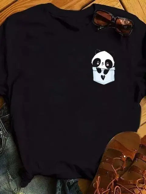 Maycaur Summer Women T Shirt Loose Tops Cute Panda Heart Print Short Sleeve Female Loose Casual T-shirt Ladies Top Teeadad
