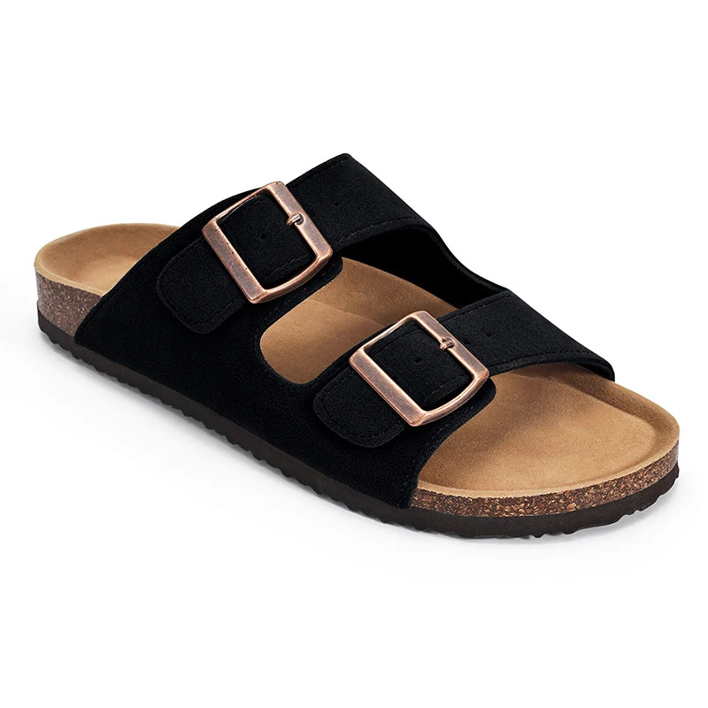 Kidmi Women Cork Suede Mules Slippers Outdoor Antiskid Beach Slippers Classic Cork Footbed Women Sandals With Adjustable Buckle