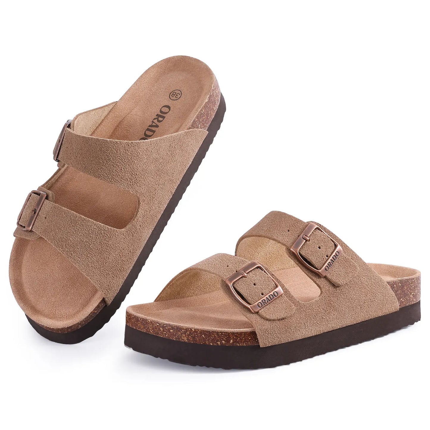 Kidmi Women Cork Suede Mules Slippers Outdoor Antiskid Beach Slippers Classic Cork Footbed Women Sandals With Adjustable Buckle