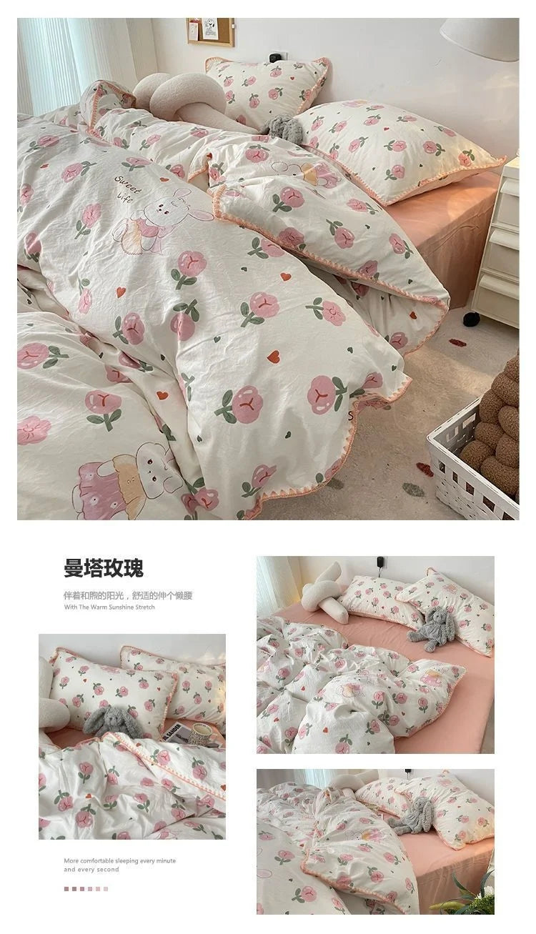 Bedding Set INS Girls Cherry Soft Washed Cotton Bed Sheet Queen King Size Duvet Set Comforter Set Pillowcase Bed Linens