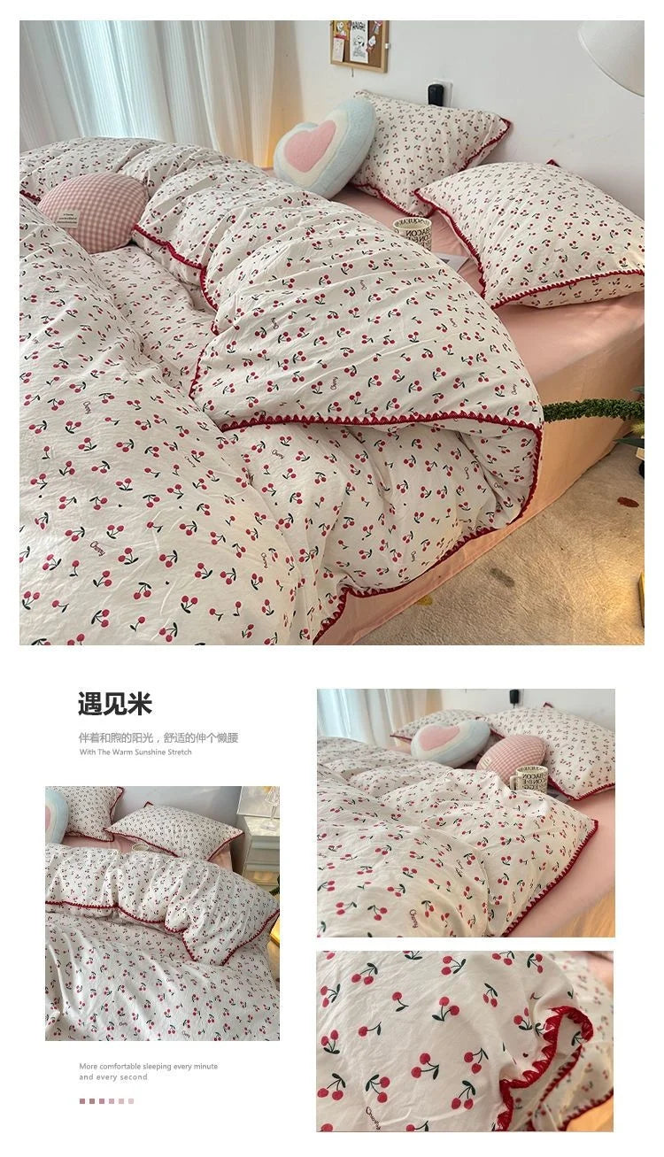 Bedding Set INS Girls Cherry Soft Washed Cotton Bed Sheet Queen King Size Duvet Set Comforter Set Pillowcase Bed Linens