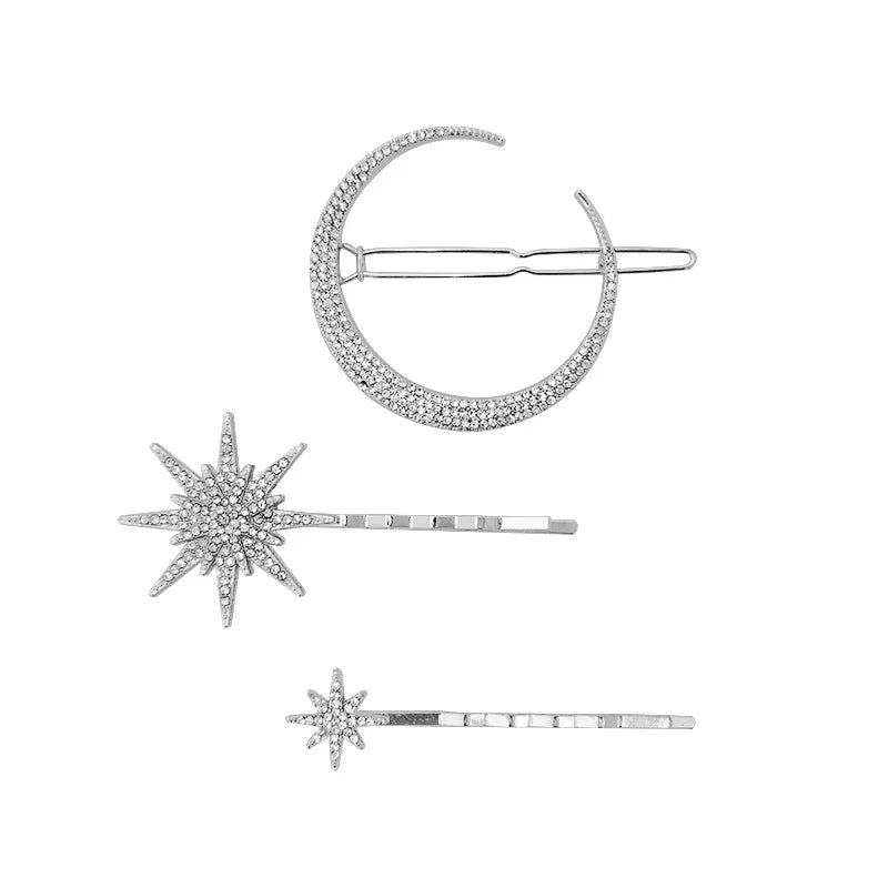 New Geometric Stars Moon Rhinestone Hair Clip Set Snowflake Star Bride Hairpins Women Side Clip Hair Barrettes Hair Jewelry Gift
