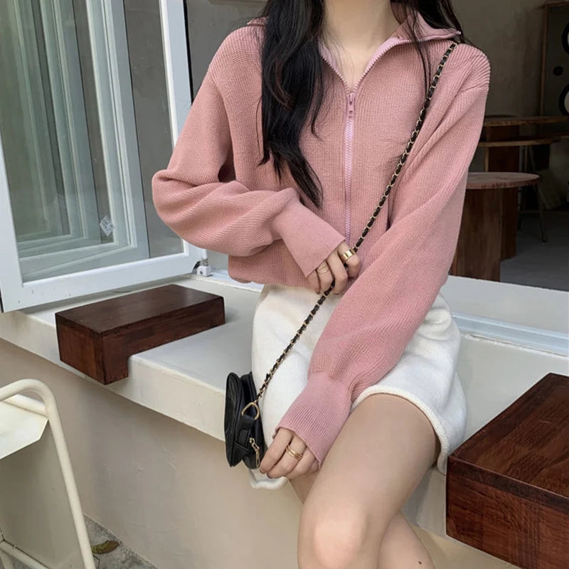 Korean Fashion Zipper Up Cardigan Women Autumn Winter Knitted Turtleneck Sweater Woman 2024 Solid Color Cropped Cardigans Female
