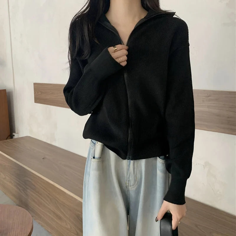 Korean Fashion Zipper Up Cardigan Women Autumn Winter Knitted Turtleneck Sweater Woman 2024 Solid Color Cropped Cardigans Female