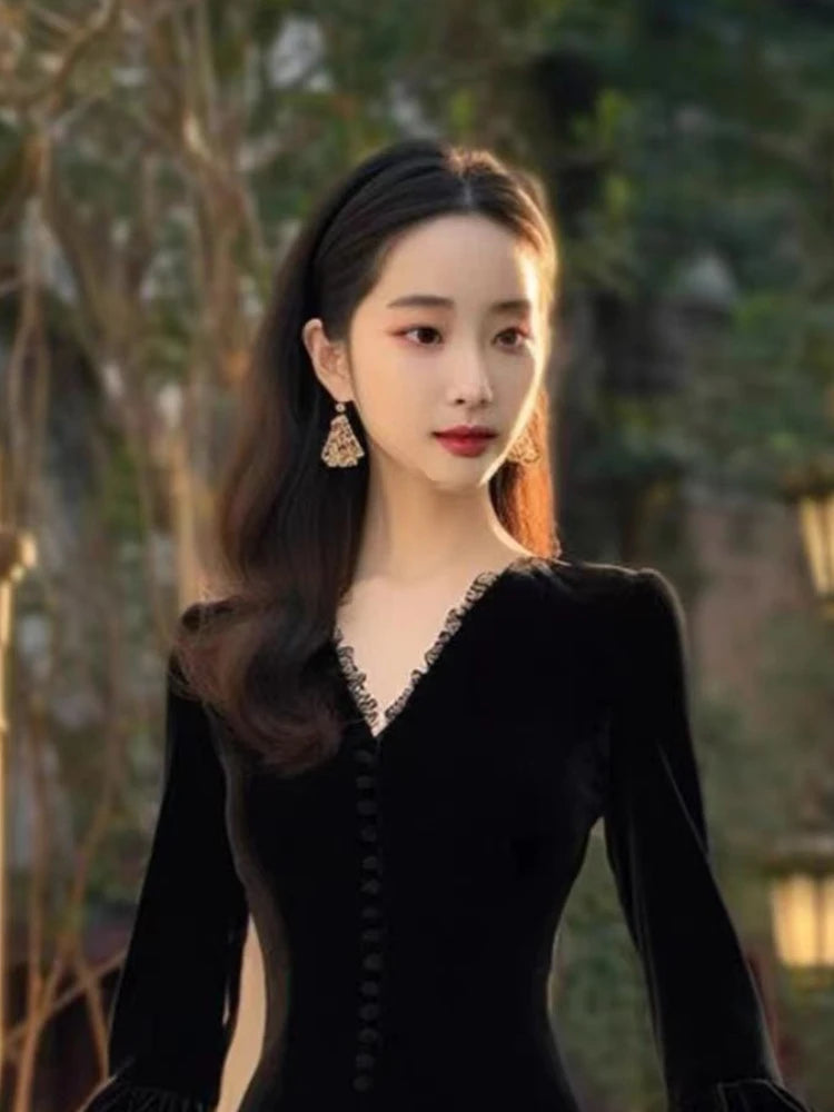 OCEANLOVE 2024 Spring Autumn Women Dresses Velvet Hepburn Style Solid Lantern Sleeve Vestidos Mujer French Vintage Long Dress