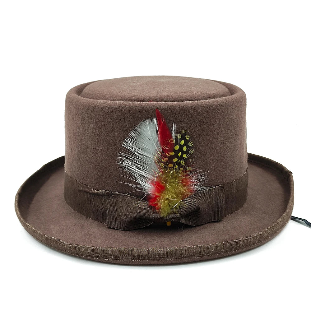 New Men Hat 100% Wool Fedora Hat Unisex Top Show Gentleman Bowler Hat Black Red Magic Hat Presidential Hat Feather Accessories