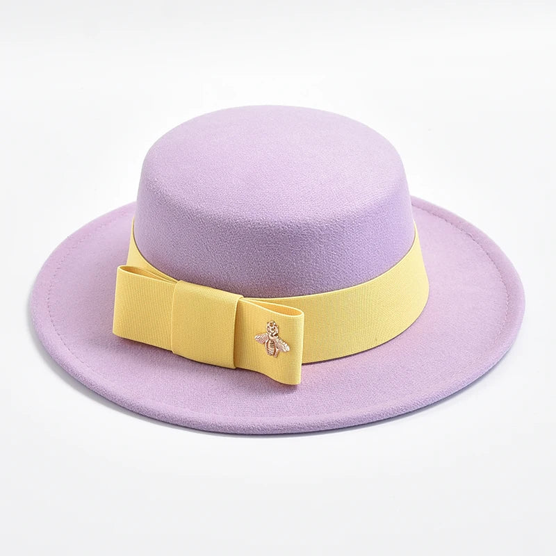 New Fedora Hat for Women Elegant Fashion Formal Wedding Decorate Church Cap Flat Top Bow Party Jazz Hat Chapeau Femme