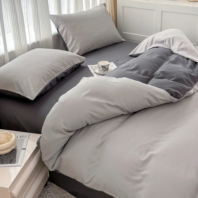 2-side Solid Color Brush Fabric Bed Set 4 Pieces Duvet Cover Pillowcase Bedding Set Bed Sheet Quilt Cover Single Queen King Size