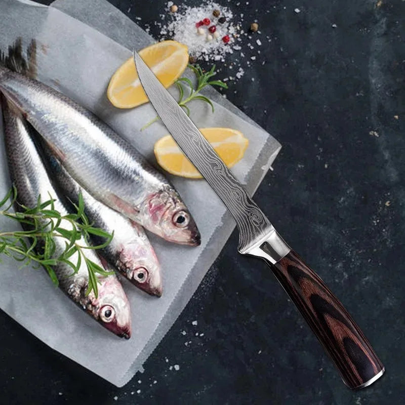 Professional Kitchen Boning Knife Damascus Laser Pattern Butcher Knife Stainless Steel Meat Fruit Vegetables Fish Chef Knife