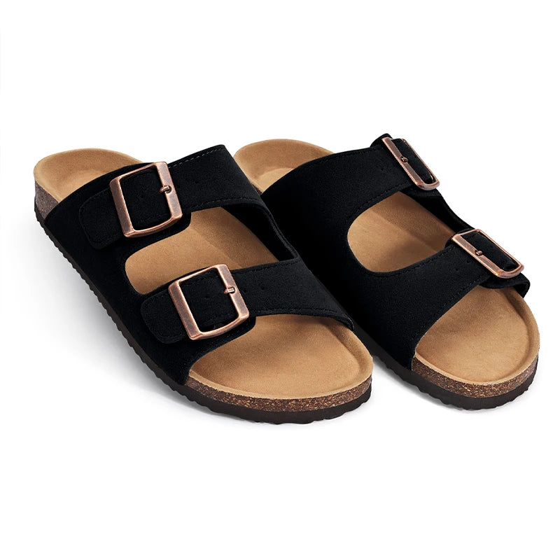Kidmi Women Cork Suede Mules Slippers Outdoor Antiskid Beach Slippers Classic Cork Footbed Women Sandals With Adjustable Buckle