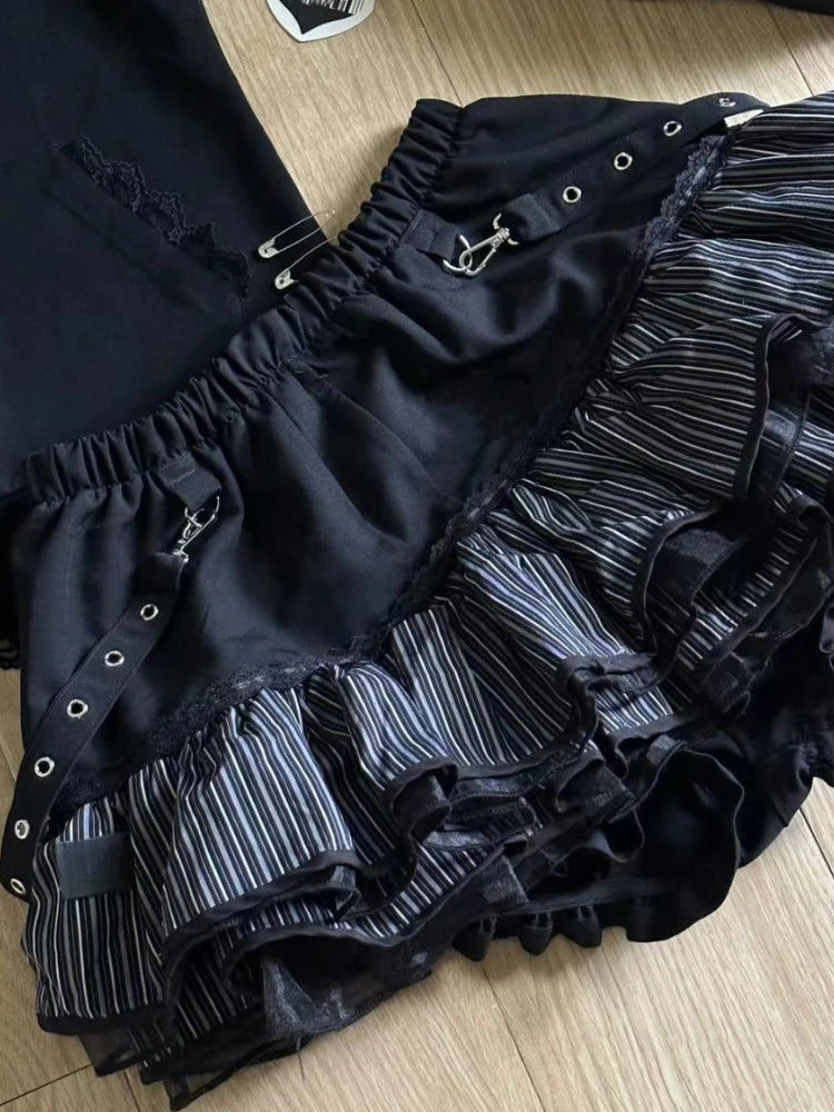 Harajuku Girls Stripe Punk Grunge Skirts Women Y2k Aesthetic High Waist Cake Mini Streetwear Lace Vintage Kawaii Mini Jupe
