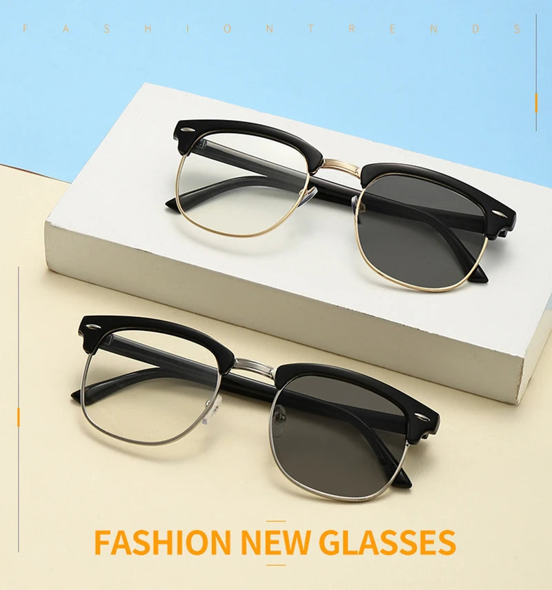 Classic Half Frame Photochromic Sunglasses Men Women Retro Rivet Chameleon Sun Glasses Male Fashion Change Color Driving Shades