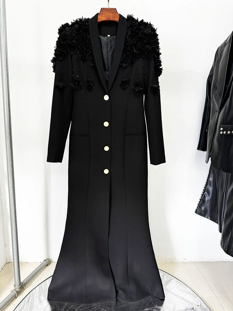 HIGH STREET Newest Fashion 2024 Designer Maxi Dresses Women's Long Sleeve Stunning Flowers Appliques Beaded Long Dress