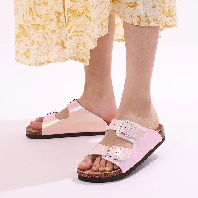Kidmi Women Cork Suede Mules Slippers Outdoor Antiskid Beach Slippers Classic Cork Footbed Women Sandals With Adjustable Buckle