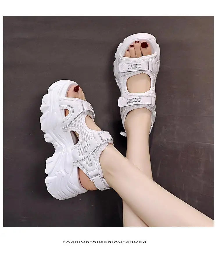 Fujin 8cm Women Sandals Platform Thick Sole Chunky Shoes Platform Ins Casual Summer Shoes Sandals Beige Black Comfortable