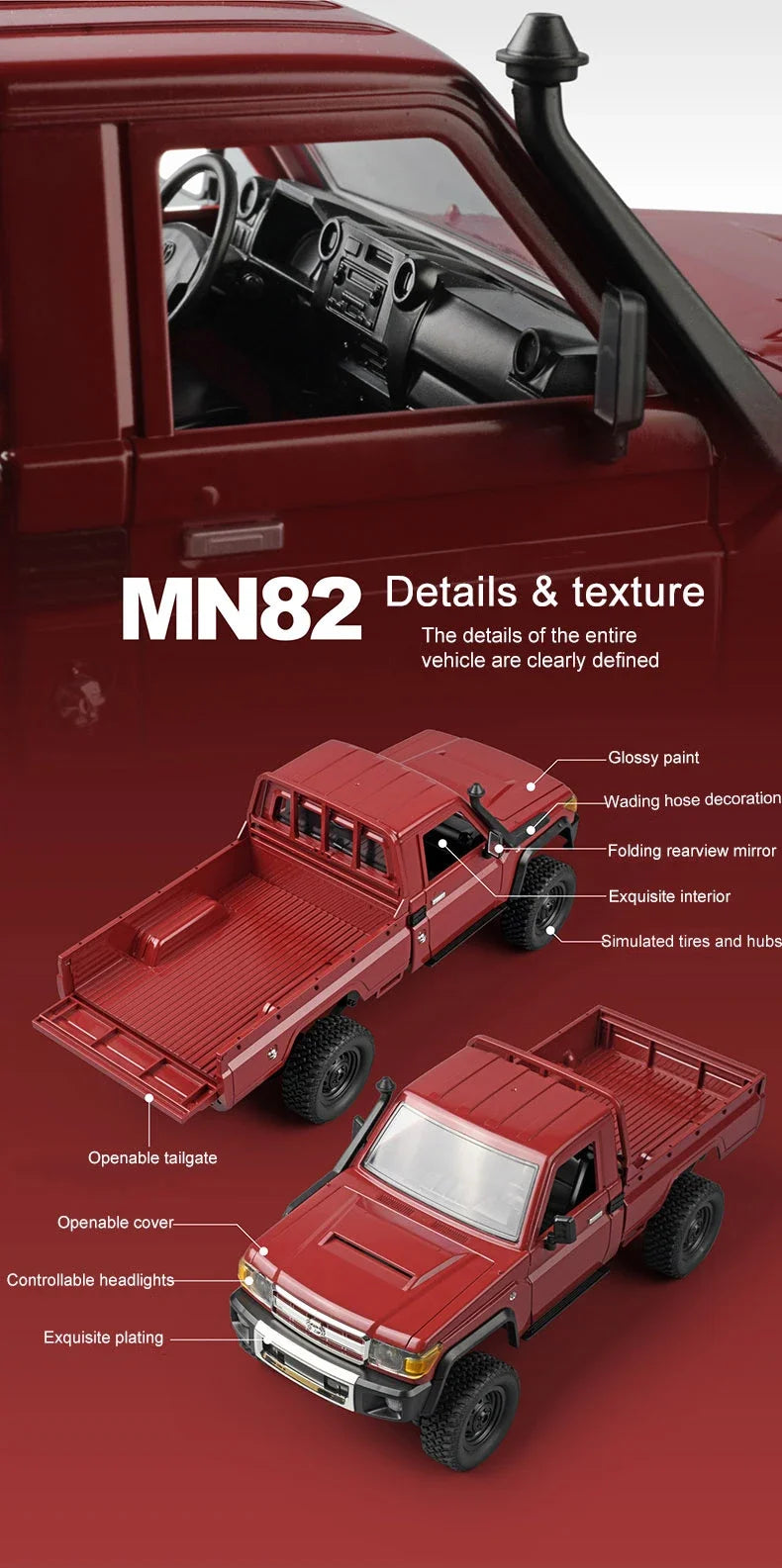 ZWN 1:12 Full Scale RC CAR MN82 Upgraded MN82 PRO Controllable Headlights 2.4G 4WD Off-Road Car Pick Up Truck Toy for Kids Gifts