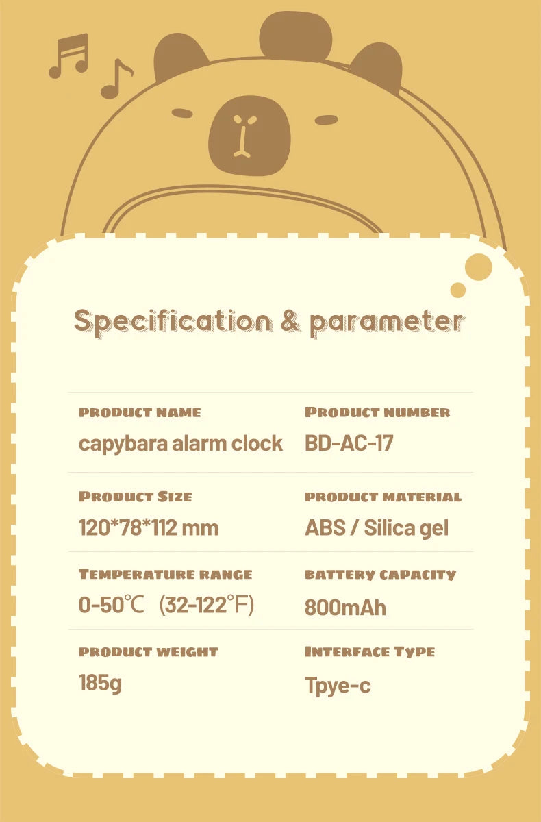 Bedside LED Clock Kids Alarm Clock Children's Sleep Trainier Temperature Display With Rechargeable Control Digital Cute Capybara