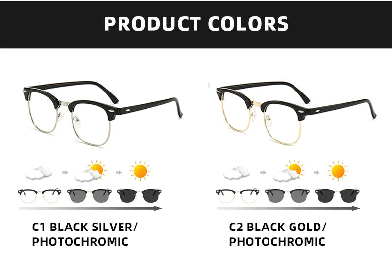 Classic Half Frame Photochromic Sunglasses Men Women Retro Rivet Chameleon Sun Glasses Male Fashion Change Color Driving Shades