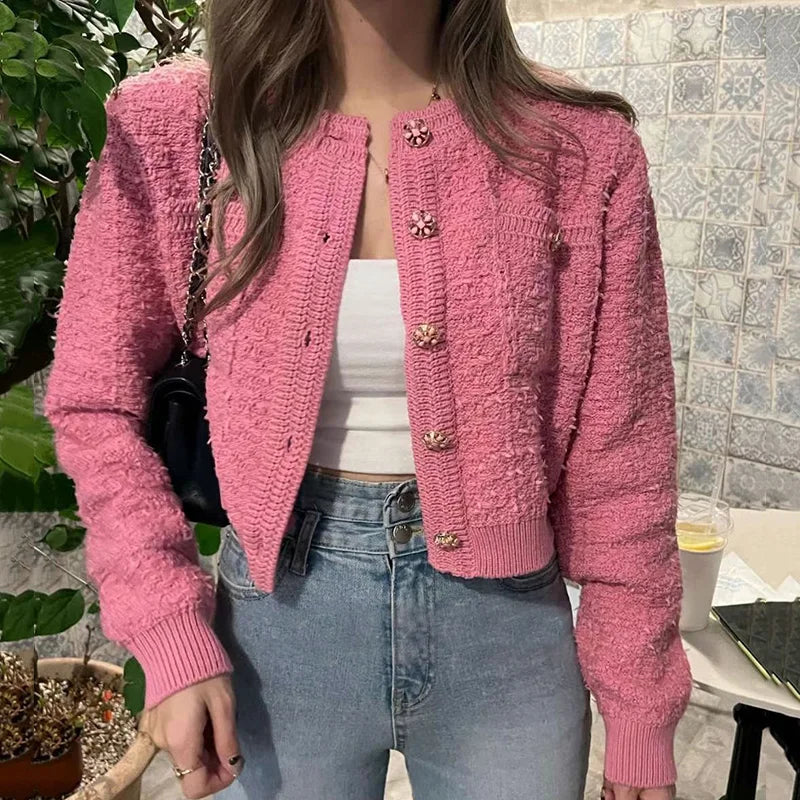 Korean Style Pink Round Neck Cropped Cardigans for Women Chic Button Long Sleeve Knitted Coats Woman Pocket Bling Short Cardigan