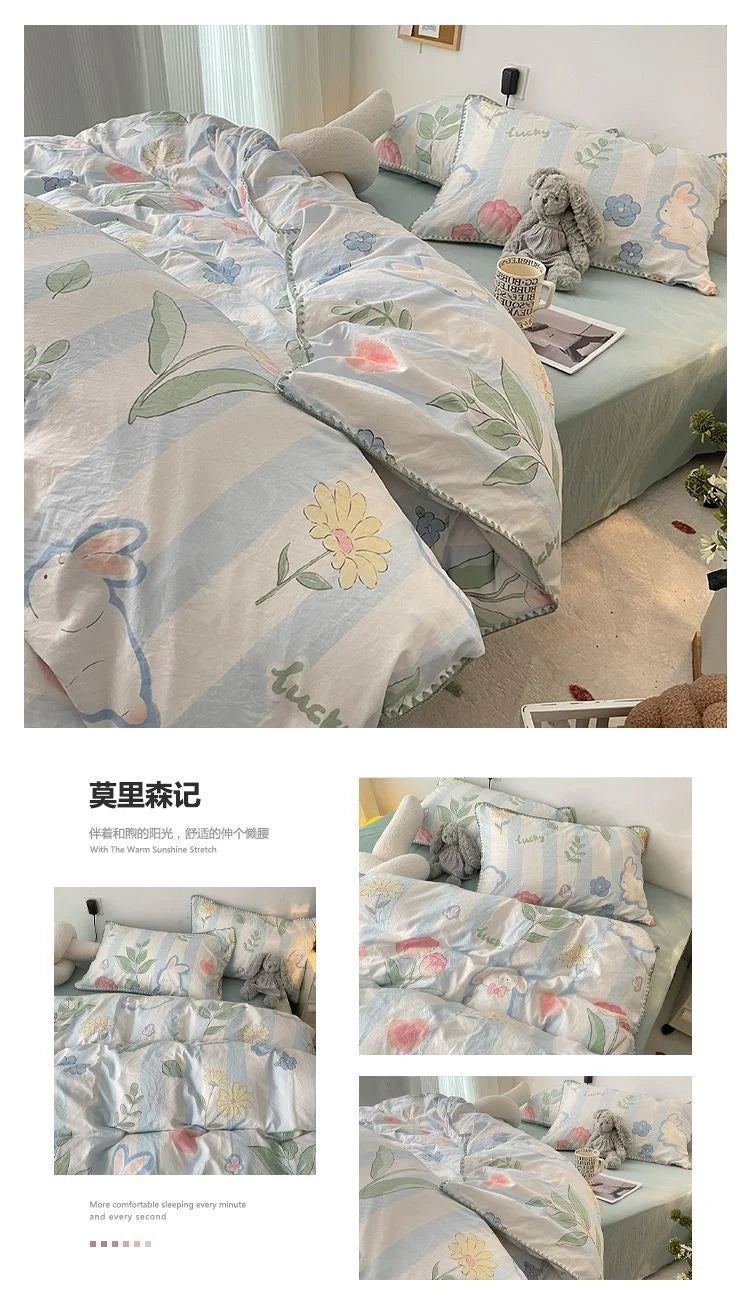 Bedding Set INS Girls Cherry Soft Washed Cotton Bed Sheet Queen King Size Duvet Set Comforter Set Pillowcase Bed Linens