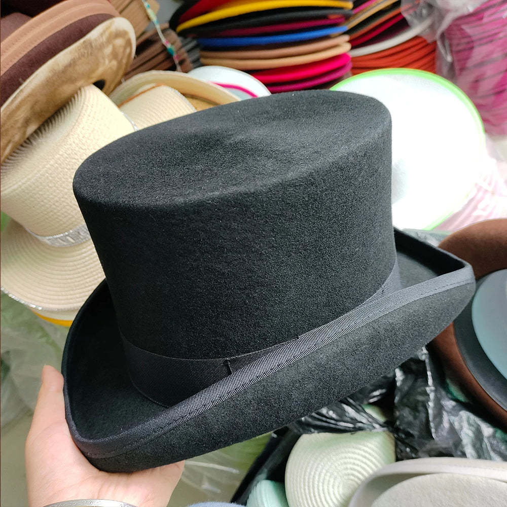 New Men Hat 100% Wool Fedora Hat Unisex Top Show Gentleman Bowler Hat Black Red Magic Hat Presidential Hat Feather Accessories