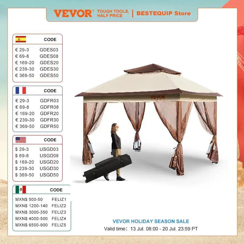 VEVOR 11x11ft/10x10ft/10x13ft Portable Gazebo PU Coated 250D Garden Market Waterproof Collapsible Canopy Party Tent for Outdoor