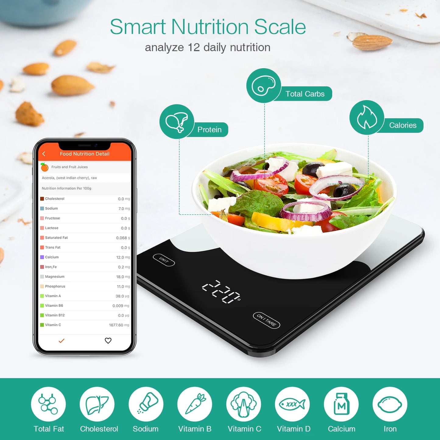 Digital Food Scale 10kg/1g Kitchen Scales with Nutrition Calculator APP Rechargeable Gram Scale for Weight Loss Baking Scale
