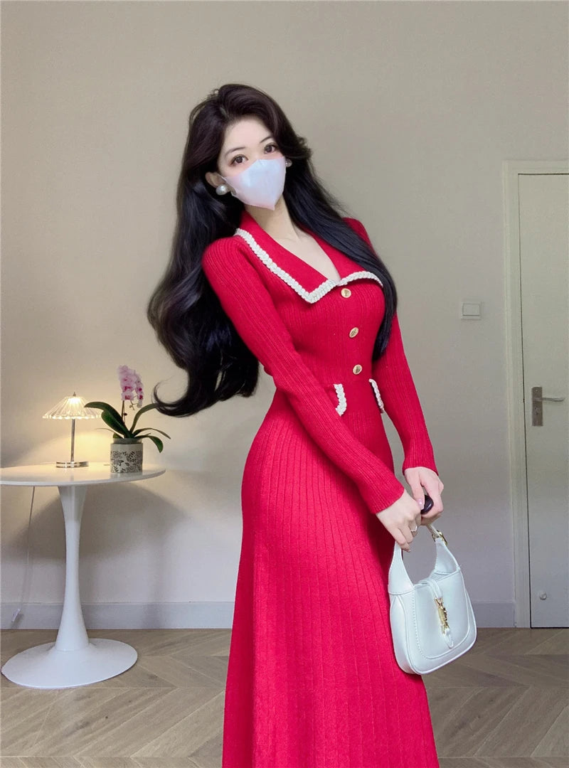 New Women French Knitted Dress Autumn Winter Slim A-line Lapel Casual Knitted Dresses Ladies Elegant Long Sleeve Midi Dress