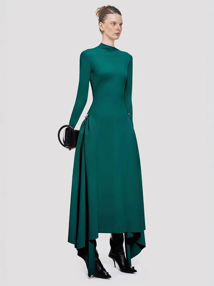 DEAT Elegant Dress Skew Collar Long Sleeves Waist Retraction Solid Color Asymmetric Hem Women's Dresses 2024 Autumn New 13DL7990