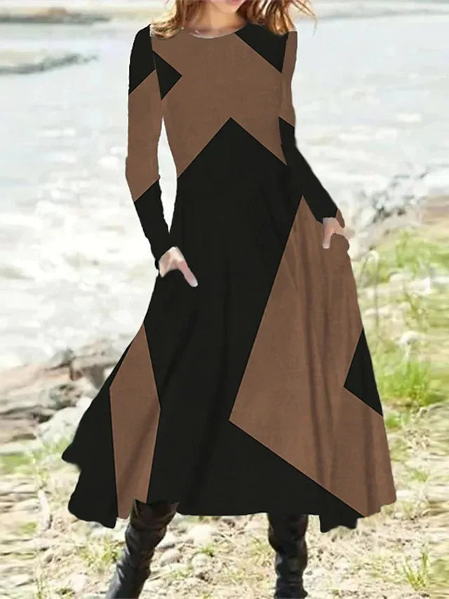 New 2024 Women's Casual Elegant Party Dress Contrast Color Ladies Spring Autumn Loose Long Sleeve Dress with Pockets Midi Dress