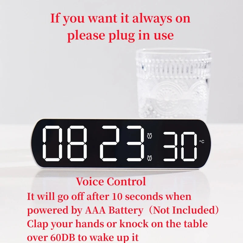 Voice Control Digital Alarm Clock TEMP Date Timer Coutdown Night Mode Type-C USB 12/24H Anti-disturb Funtion 2 Alarms LED Clock