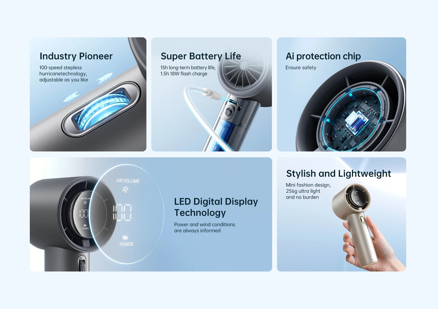 JISULIFE Portable Hand Fan , 100 Wind Speeds, Mini Bladeless Handheld Fan, USB Rechargeable Personal Fans, Electric Eyelash Fan