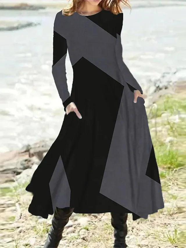 New 2024 Women's Casual Elegant Party Dress Contrast Color Ladies Spring Autumn Loose Long Sleeve Dress with Pockets Midi Dress