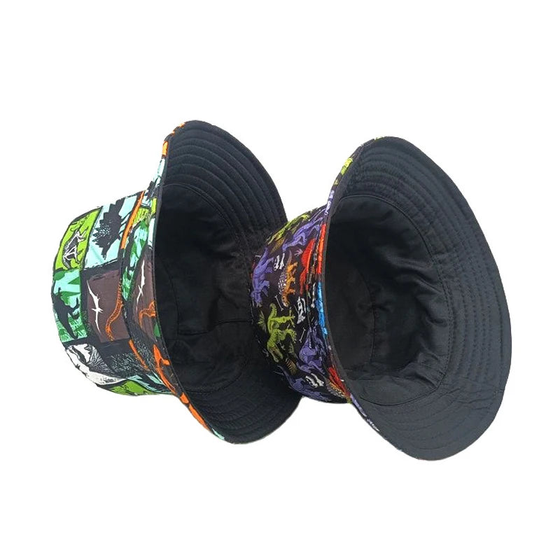 Bocca Cartoon Dinosaur Bucket Hat Children Boys Kids Fisherman Hats Pattern Double Sides Panama Cap Summer Outdoor Sunscreen Cap