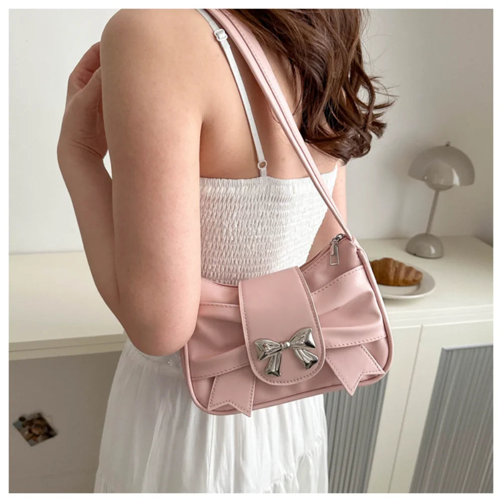 Korean Bow Pleated Shoulder Bag For Women 2024 Spring Summer New Armpit Bag Handbag
