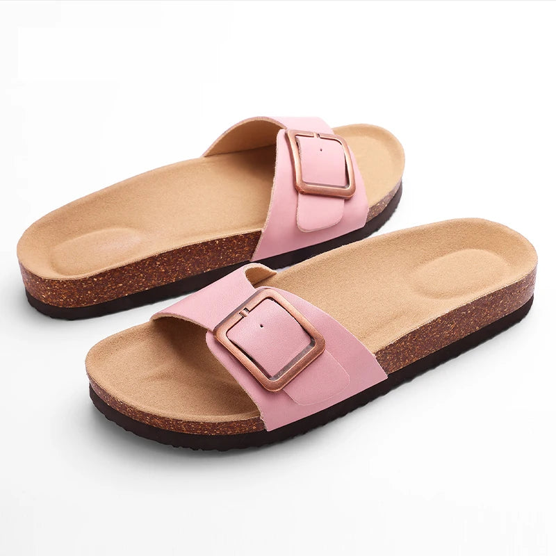 Kidmi Women Cork Suede Mules Slippers Outdoor Antiskid Beach Slippers Classic Cork Footbed Women Sandals With Adjustable Buckle