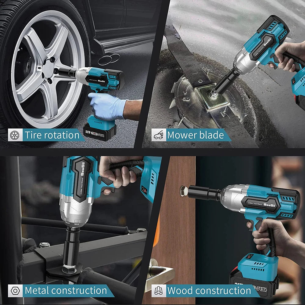 SEESII Cordless Impact Wrench 650N.m Torque Brushless Electric Wrench Power Tools with Sockets Screws Drill for Car Home WH700
