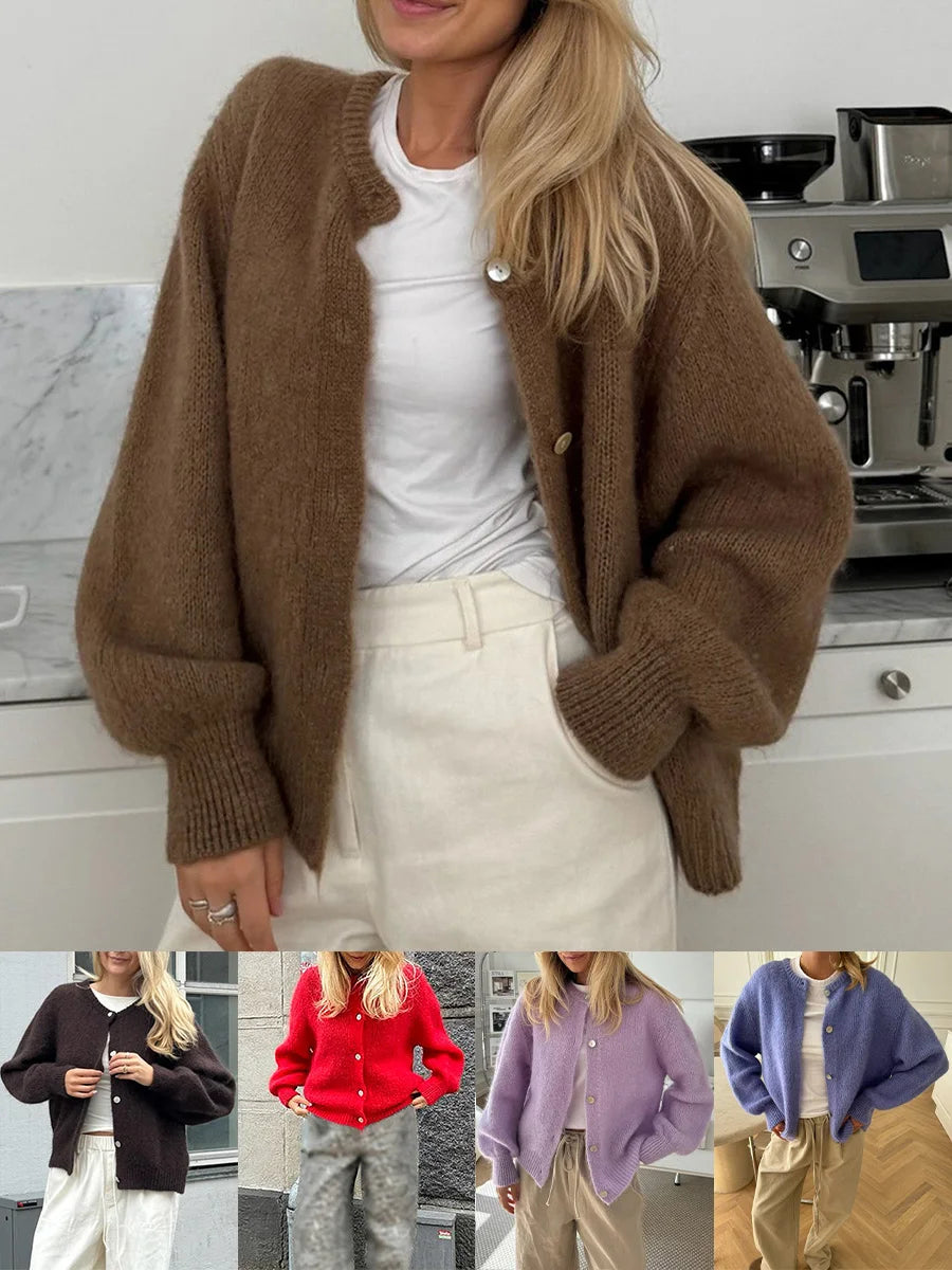 Combhasaki Women's Y2K Chic Solid Color Fuzzy Loose Cardigan Long Sleeve Button Down Round Neck Sweater Soft Knit Tops Outerwear
