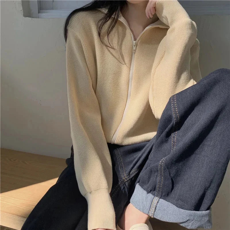 Korean Fashion Zipper Up Cardigan Women Autumn Winter Knitted Turtleneck Sweater Woman 2024 Solid Color Cropped Cardigans Female
