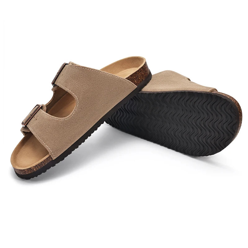 Kidmi Women Cork Suede Mules Slippers Outdoor Antiskid Beach Slippers Classic Cork Footbed Women Sandals With Adjustable Buckle