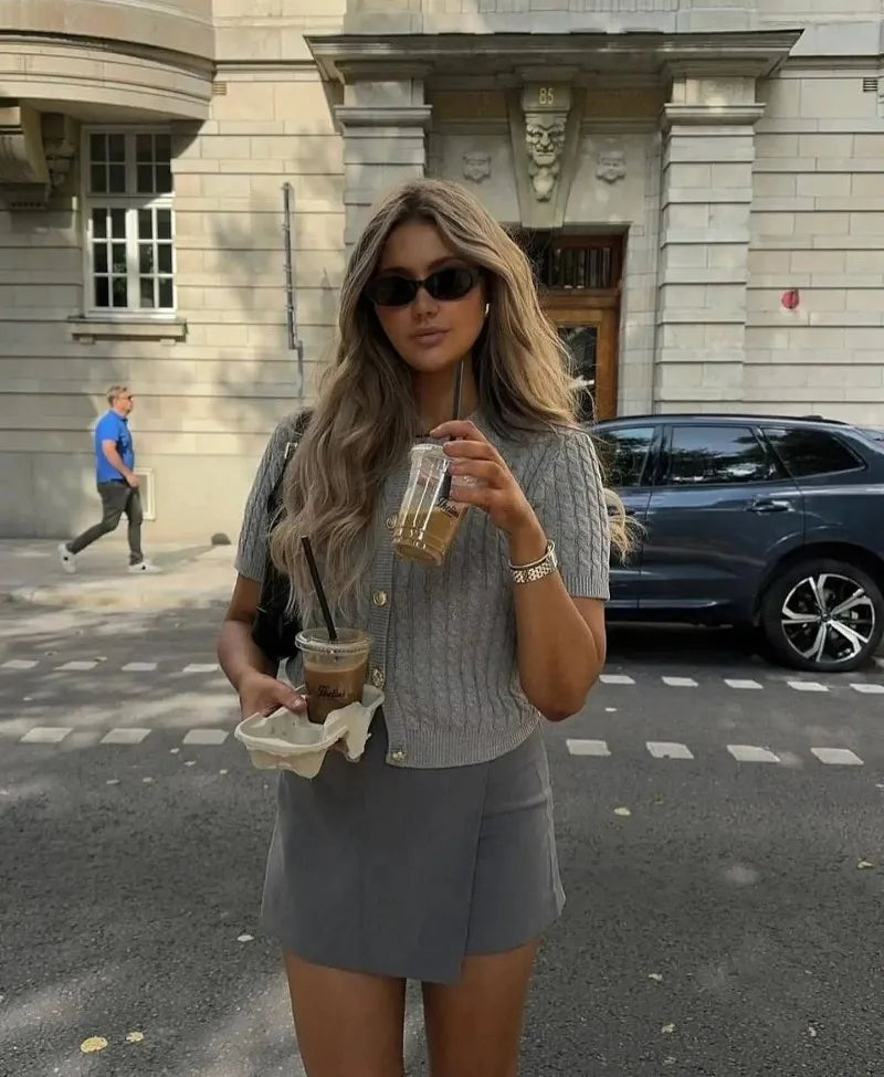 Trendix Women Winter Knit Cardigan Winter Street Fashion Patchwork Ribbed Short Sleeve Sweater Autumn Commute Knitwear Crop Top