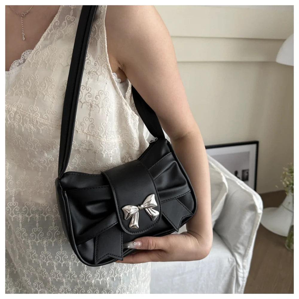 Korean Bow Pleated Shoulder Bag For Women 2024 Spring Summer New Armpit Bag Handbag