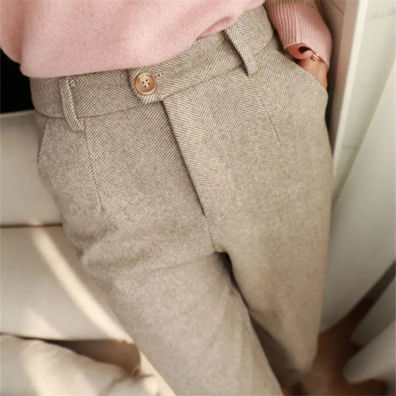 2024 Autumn Winter Workplace High Waisted Casual Suit Pants Office Lady Women Trousers Woolen Pants Women's Harem Pencil Pants