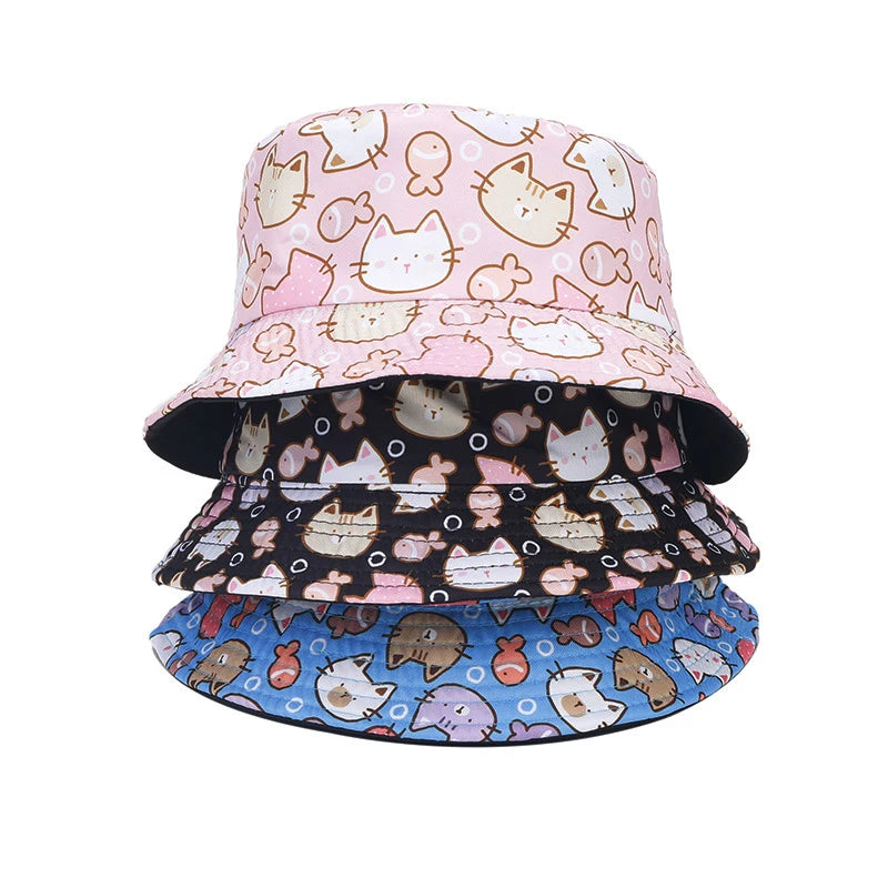 Bocca Children Bucket Hat Boy Girl Kid Panama Fisherman Hats 54cm Child Double Sides Reversible Cartoon Print Summer Bob Sun Cap
