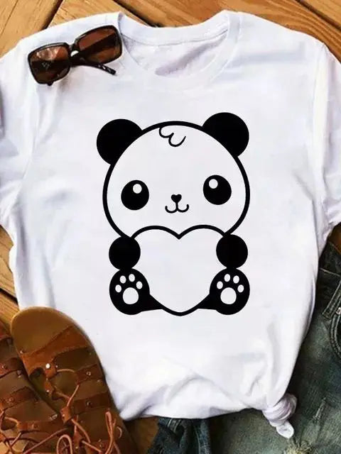 Maycaur Summer Women T Shirt Loose Tops Cute Panda Heart Print Short Sleeve Female Loose Casual T-shirt Ladies Top Teeadad